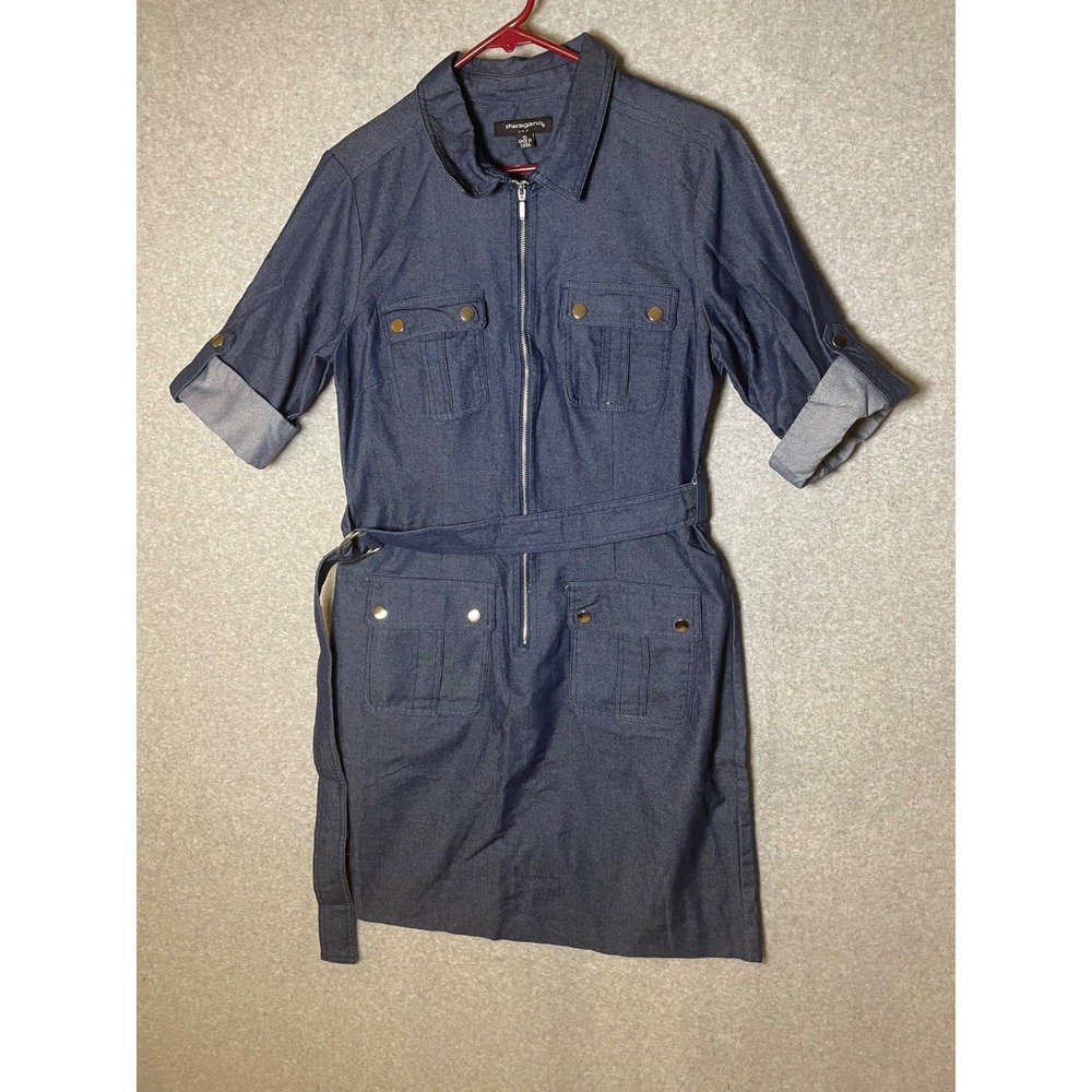 Sharagano Shirt Dress Chambray Denim Size 10 Zip Up Belted Stretch Collared